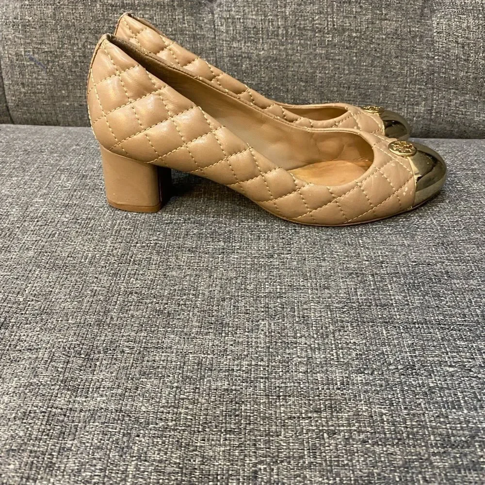 Tory Burch Kaitlin Quilted Leather Gold Cap-Toe Pumps Heels Women’s Size 5.5